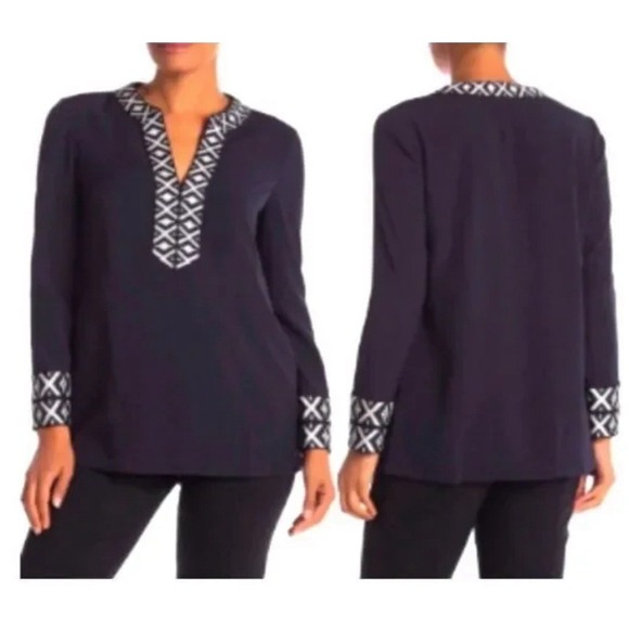 NWT $295 TORY BURCH Ariana Tunic w/Taping 2 Navy Blue Caftan Resort Lightweight - Picture 1 of 9
